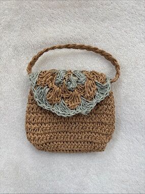 Handwoven Mini Crochet Shoulder Bag in Tan and Light Blue